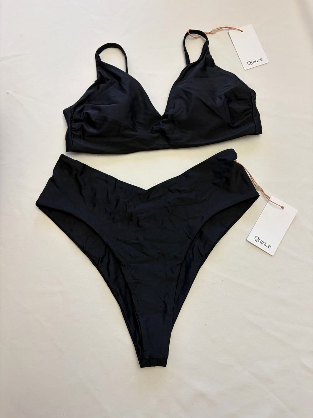 Quince Black Two Piece Set V-neck Top & V-cut Bikini Bottoms Large NEW